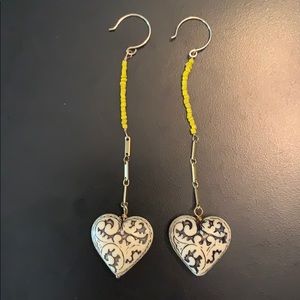 Boho long yellow beaded blk/wht heart earrings